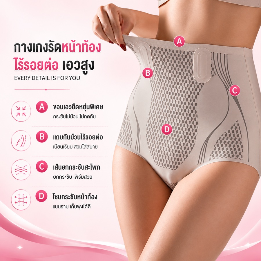Cấu trúc 4 điểm — cạp eo, chống cuộn, định hình hông, ép bụng
